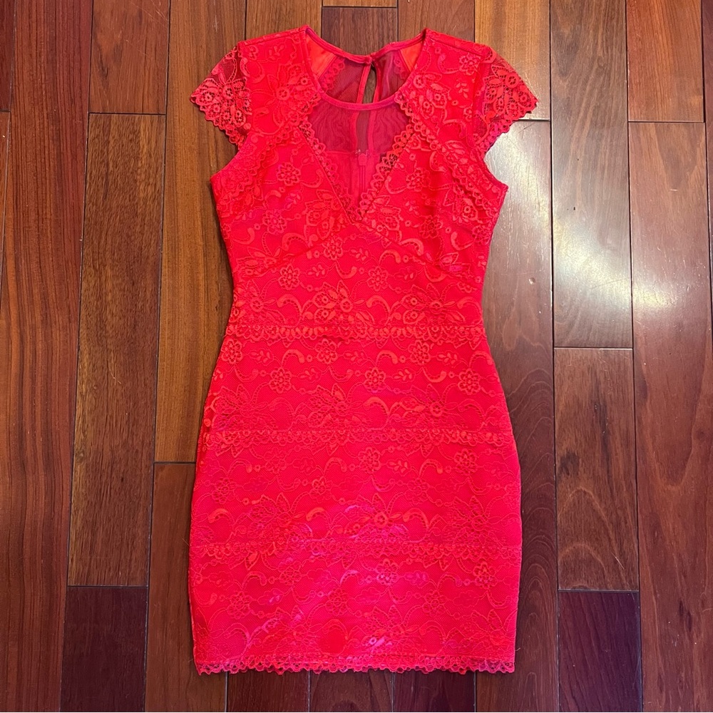 Bebe Red Lace Cap Sleeve Mini Dress Body com Small